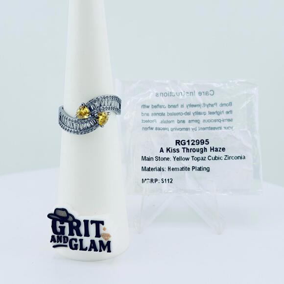 Bomb Party Ring Sz 10  "A Kiss Through Haze" Yellow Topaz on Hematite RG12995 - Picture 2 of 7